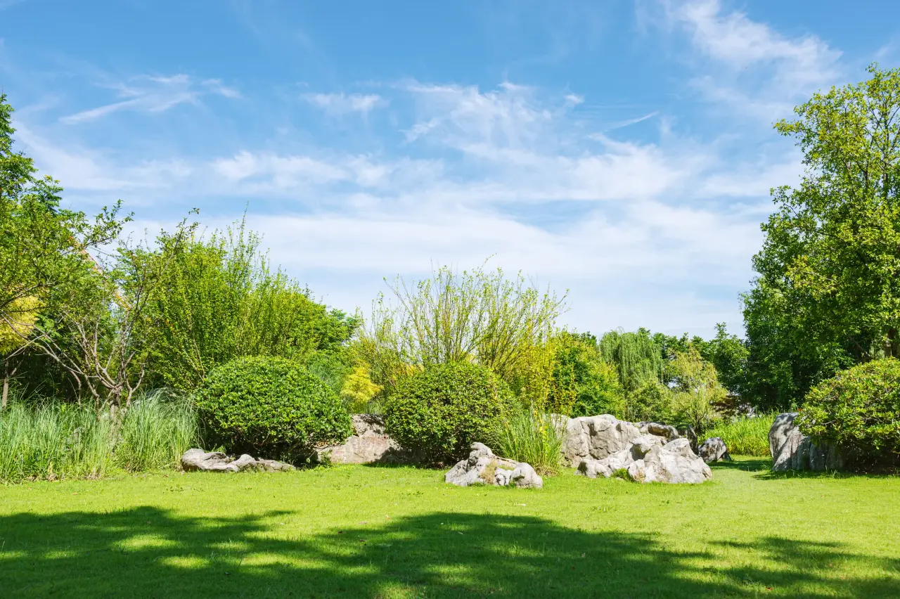 Jardín con césped, arbustos y rocalla en Gipuzkoa